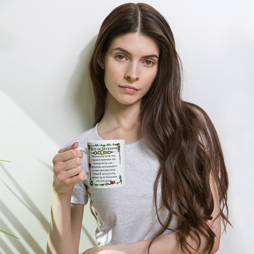 The Mug of Splendor in the 11 oz tea version being held by a model.