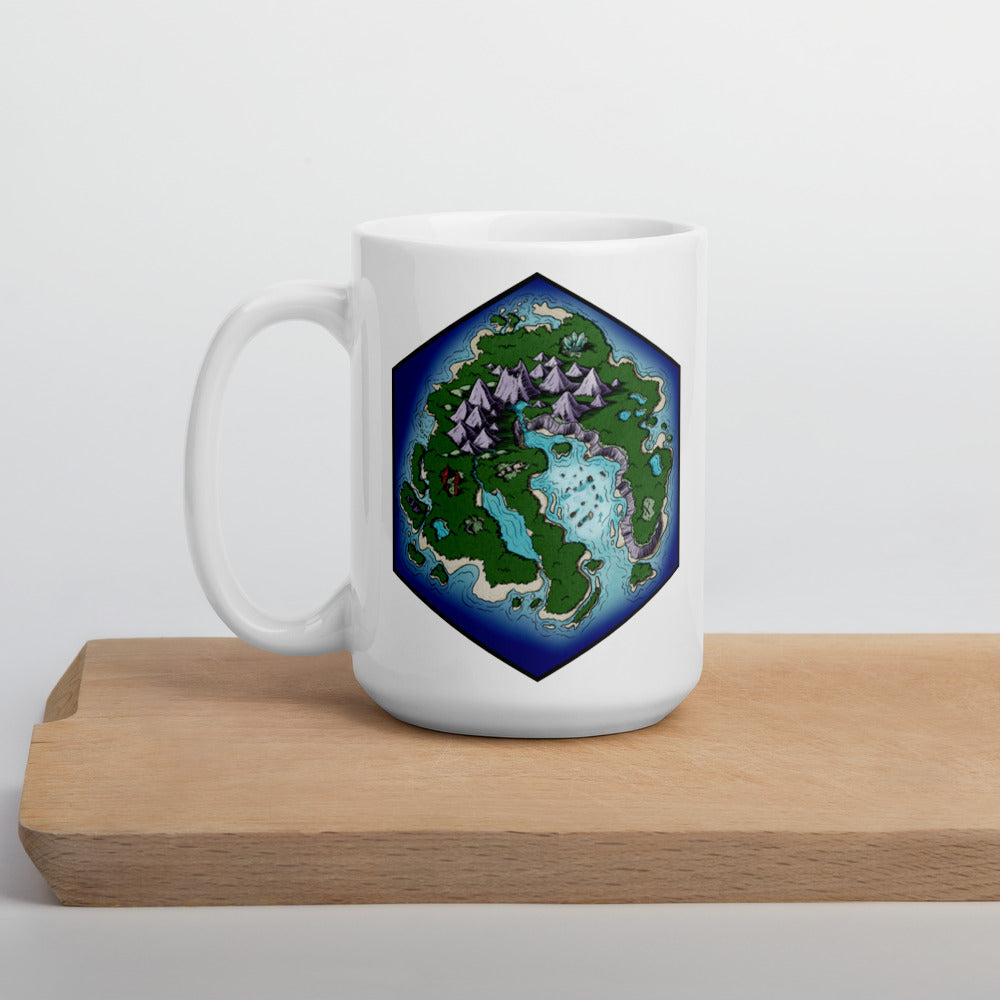 The Skycaller Island mug sits on a wood cutting board.