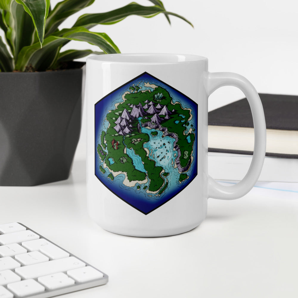 The Skycaller Island mug sits on a generic desk.