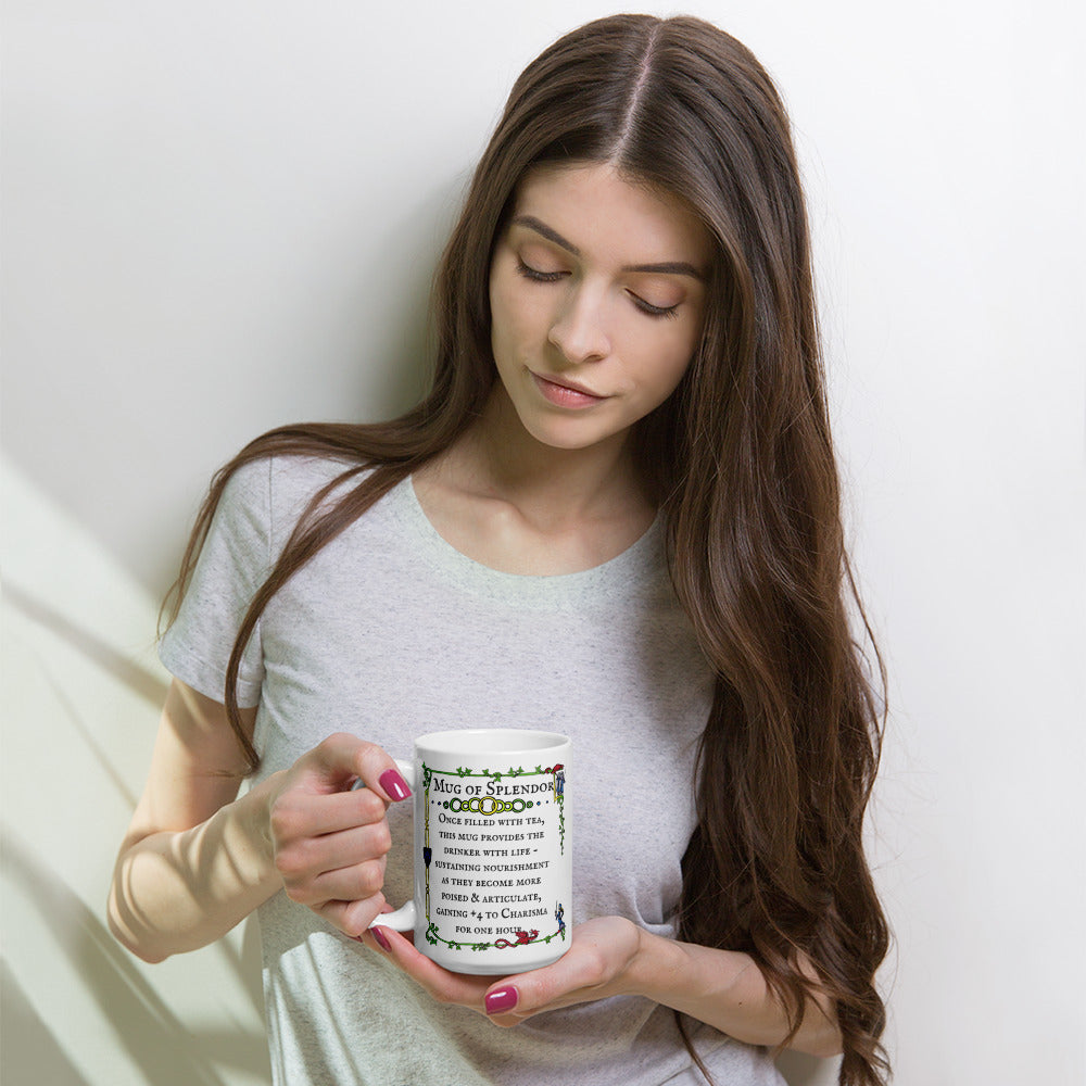 The Mug of Splendor in the 15 oz tea version being held by a model.