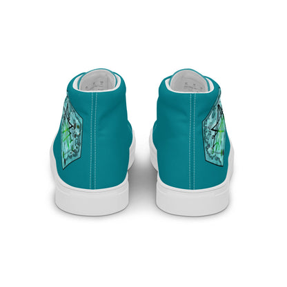 Teal high top shoes with the Discovering the Gate underwater hex map by Deven Rue on the heel, viewed from the back.