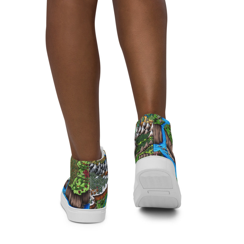 High top canvas shoes with the Augrudeen regional map print, shown worn by a model from behind.
