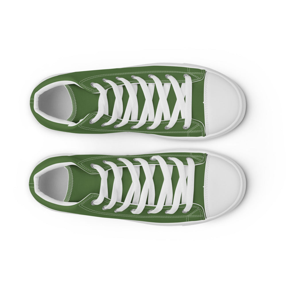 Green high top shoes with the Perilous Crossing hex map illustration by Deven Rue on the heel, top view.