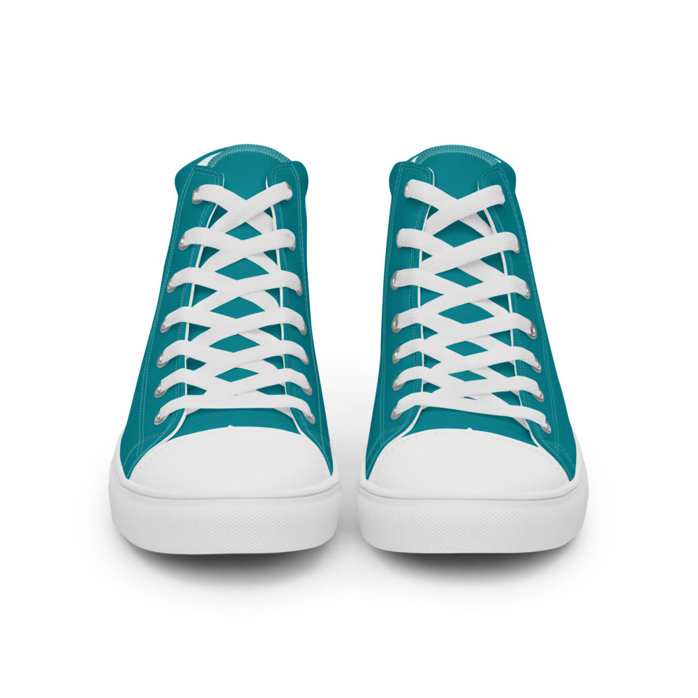 Teal high top shoes with the Discovering the Gate underwater hex map by Deven Rue on the heel, viewed from the front.