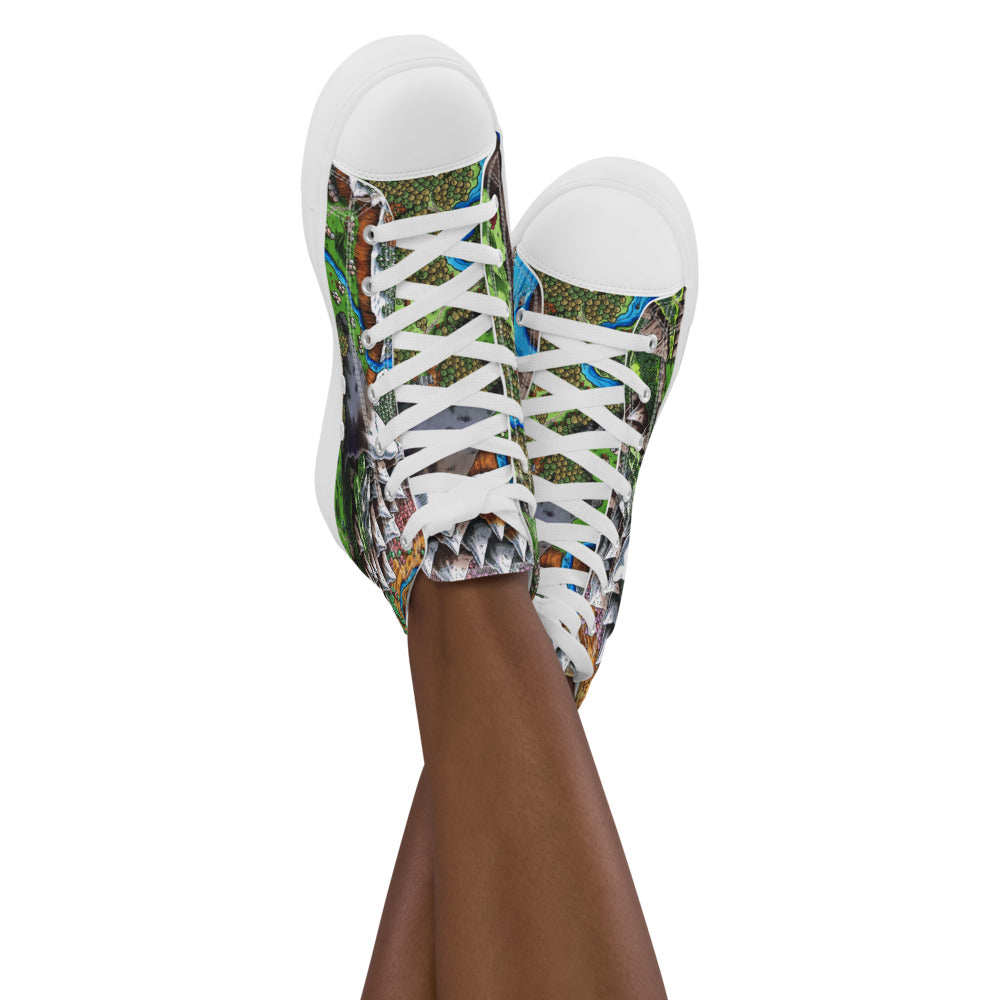 High top canvas shoes with the Augrudeen regional map print, shown worn by a model.