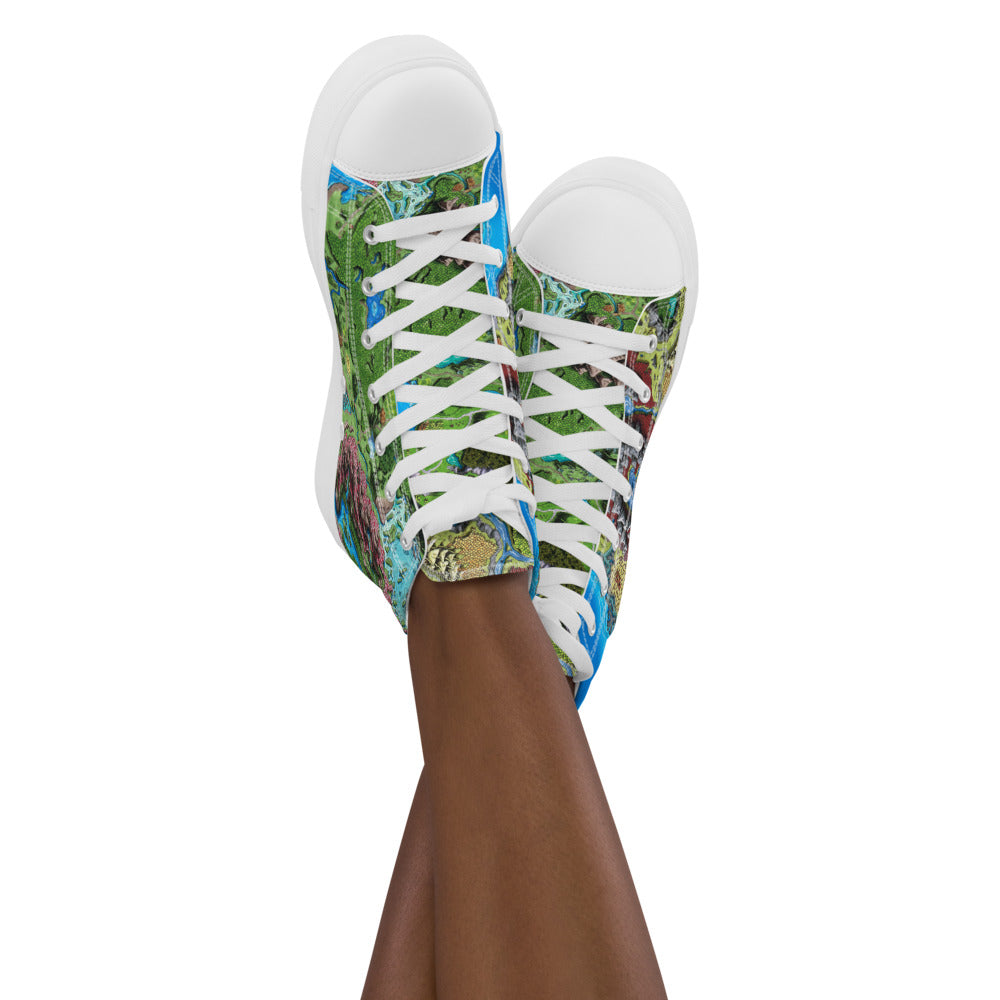 High top canvas shoes with the Taur'Syldor regional map print, shown worn by a model.