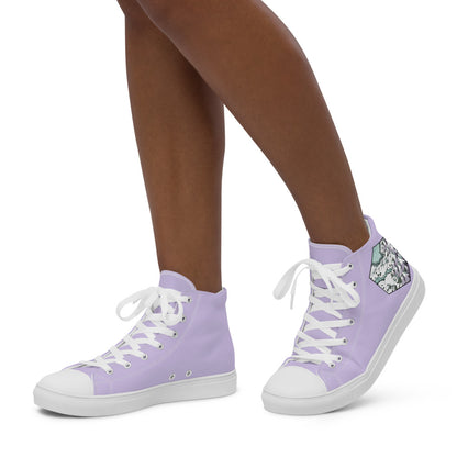 Lavender high top shoes with the Winters Edge hex map by Deven Rue on the heel, worn by a model.