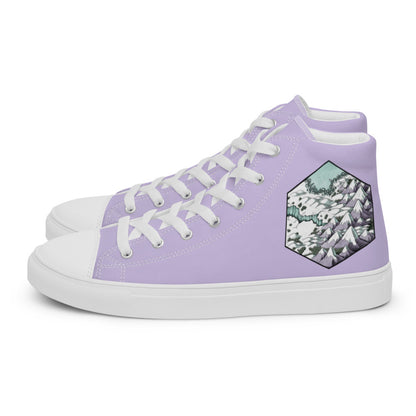 Lavender high top shoes with the Winters Edge hex map by Deven Rue on the heel.