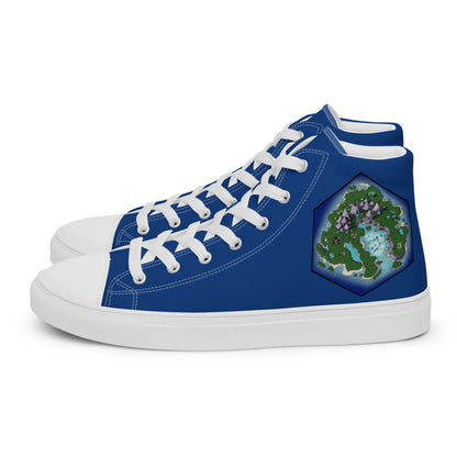Blue high top shoes with the Skycaller Islands hex map by Deven Rue on the heel.