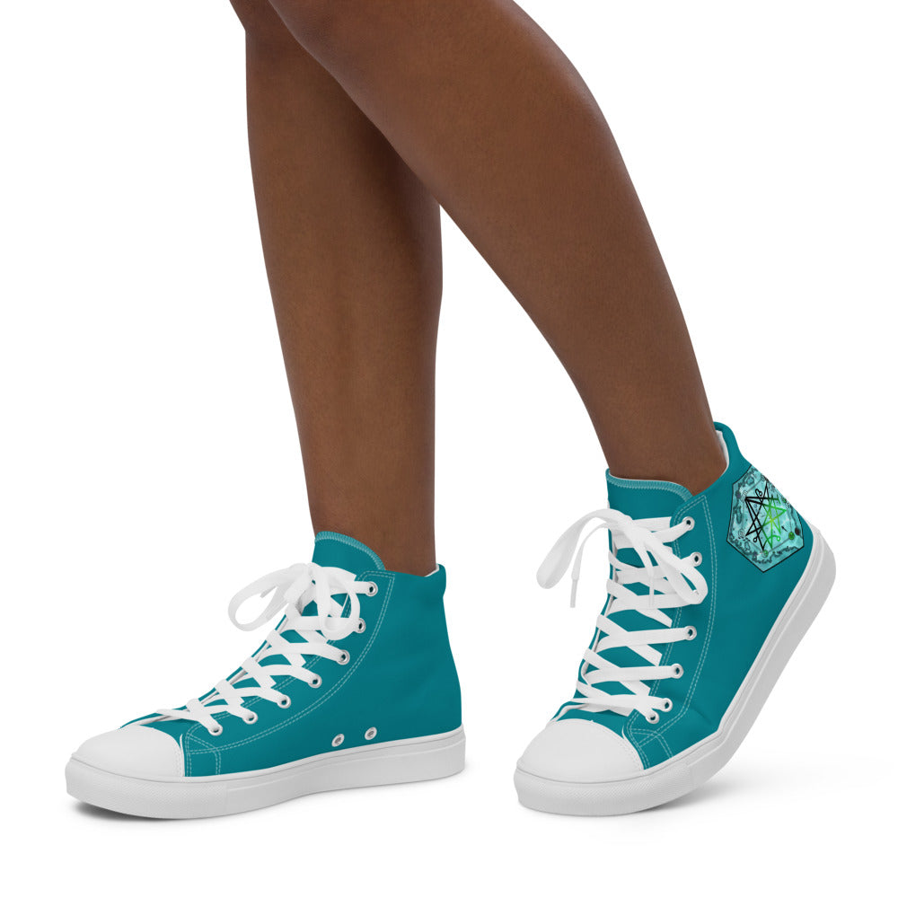 Teal high top shoes with the Discovering the Gate underwater hex map by Deven Rue on the heel, worn by a model.