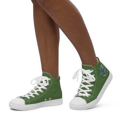 A model wears green high top shoes with the Perilous Crossing hex map illustration by Deven Rue on the heel.