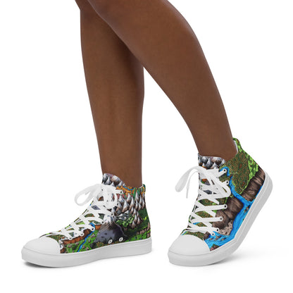 High top canvas shoes with the Augrudeen regional map print, shown worn by a model.