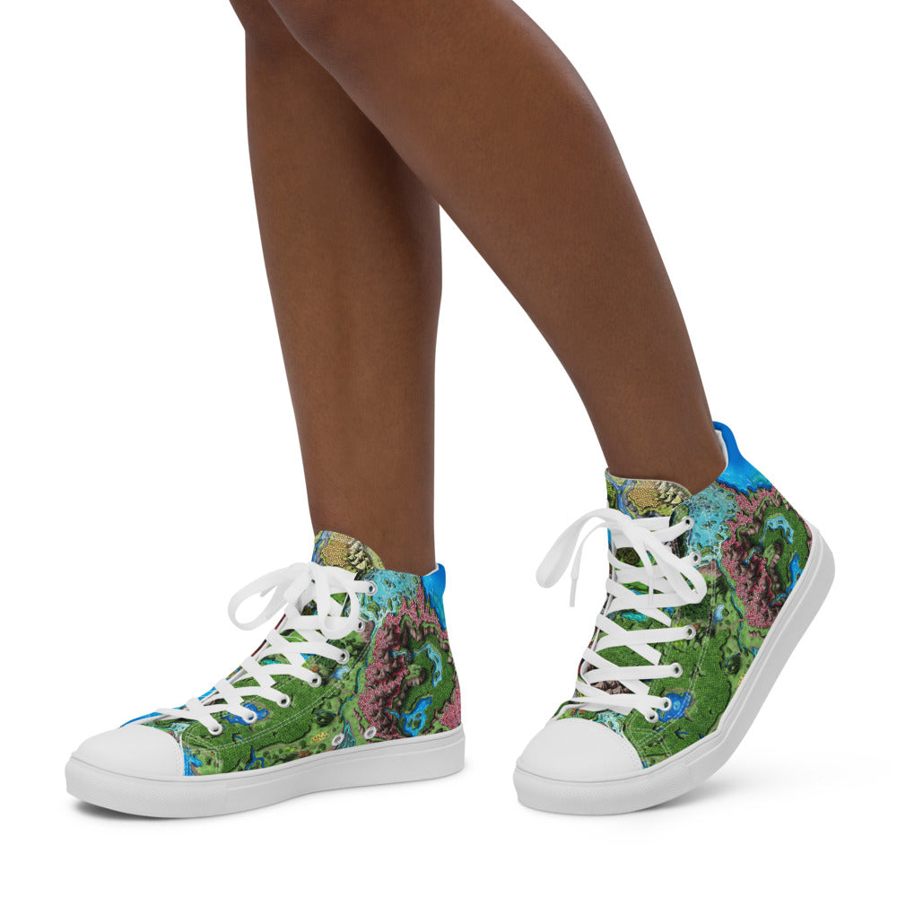 High top canvas shoes with the Taur'Syldor regional map print, shown worn by a model.