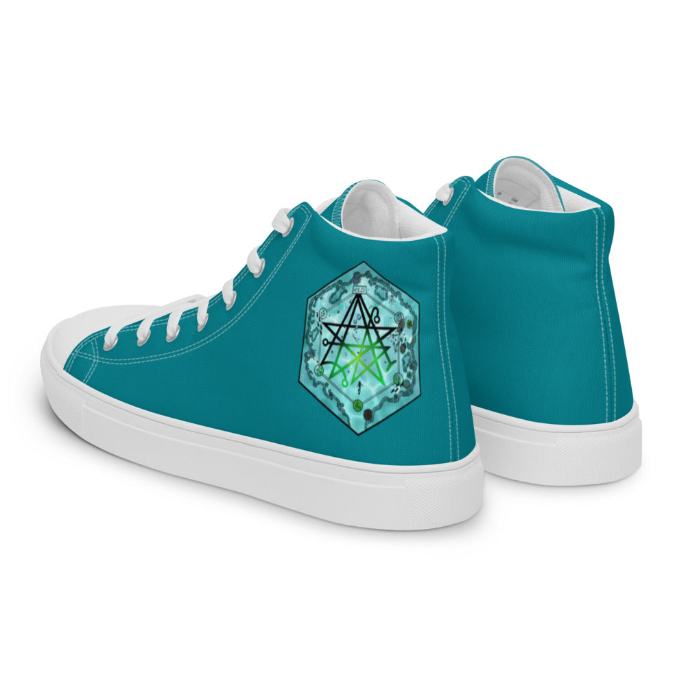 Teal high top shoes with the Discovering the Gate underwater hex map by Deven Rue on the heel.