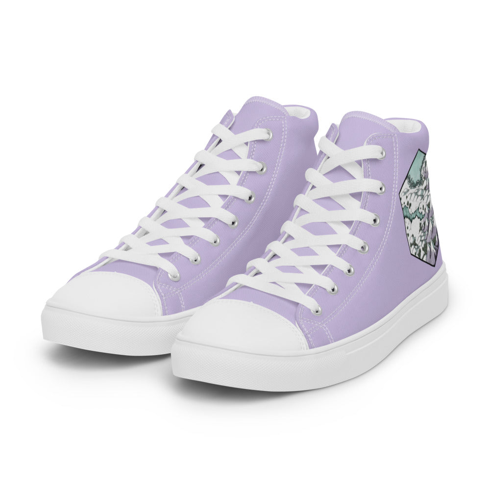 Lavender high top shoes with the Winters Edge hex map by Deven Rue on the heel.