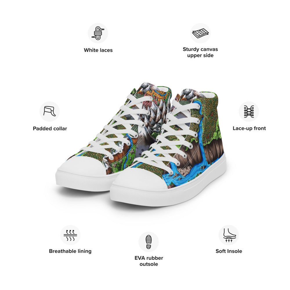 High top canvas shoes with the Augrudeen regional map print, shown with the shoe features listed in the description.