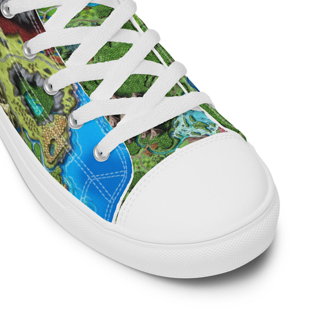 A close up of the toe of high top canvas shoes with the Taur'Syldor regional map print.