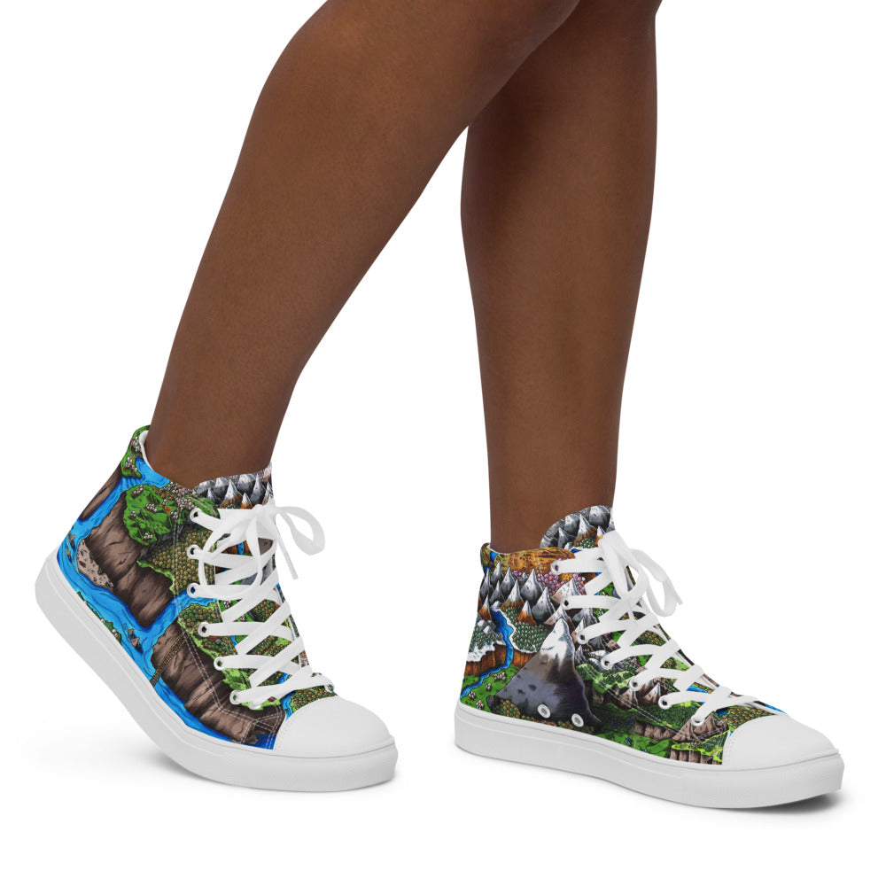 High top canvas shoes with the Augrudeen regional map print, shown worn by a model.